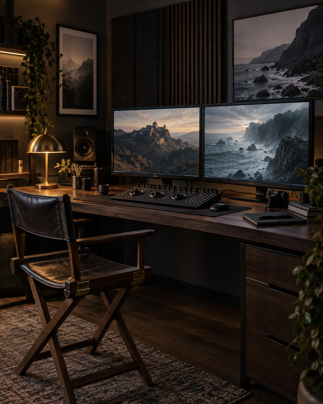 Illustrated film editing studio with cinematic monitors and warm lighting